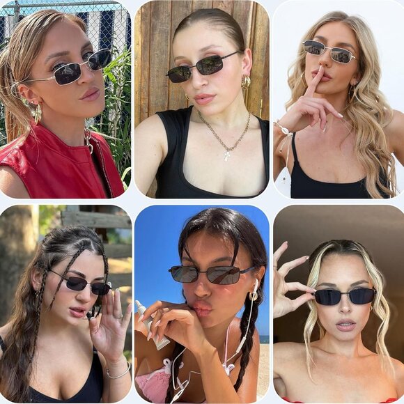 ? Women Black Retro Square Sunglasses Rectangle Small Narrow Frame Eyewear main image 5